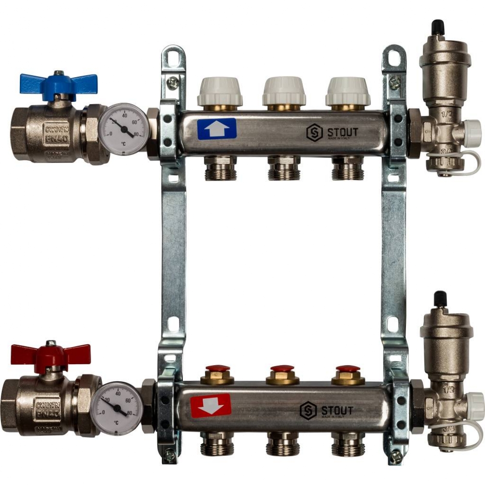 Коллектор из нерж. стали для систем напольного и радиат. отопления с вентилями на 3 выхода STOUT